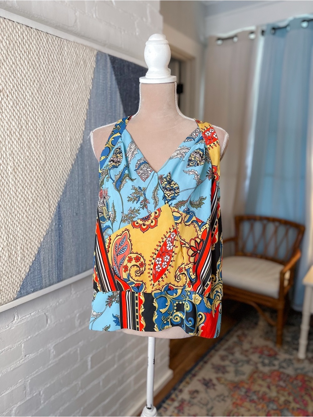 7th Avenue Faux Wrap Bandana Mixed Patchwork Halter Tank Top